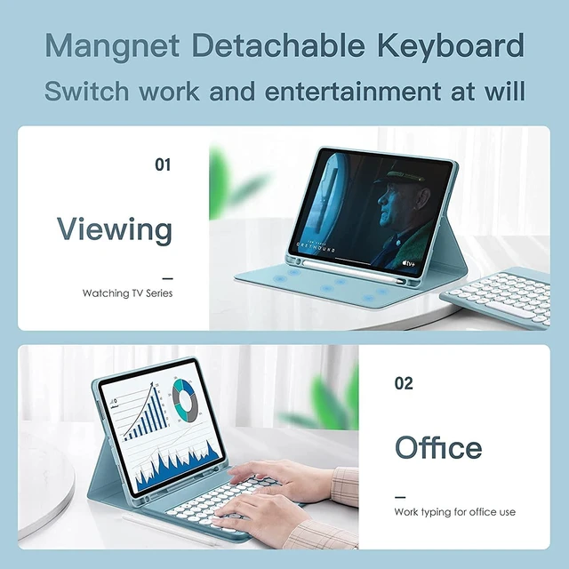 Alt view image 4 of 5 - QIYIBOCASE Keyboard Case for iPad 11th(A16) 2025/iPad10th Generation, Round Keys Retro Detachable Magnets Wireless Keyboard with Pencil Holder for iPad 11 iPad10 (Blue)