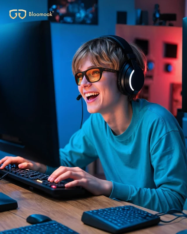 Alt view image 2 of 5 - Bloomoak Orange Blue-Light Glasses, 99% Filter Lens Sleep, Dual-AR Anti-Glare UV400, Headset-Friendly Straight Temples/XL