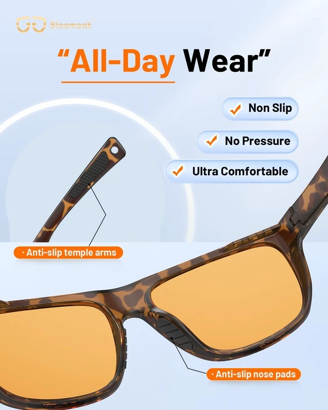 Alt view image 5 of 5 - Bloomoak Orange Blue-Light Glasses, 99% Filter Lens Sleep, Dual-AR Anti-Glare UV400, Headset-Friendly Straight Temples/XL