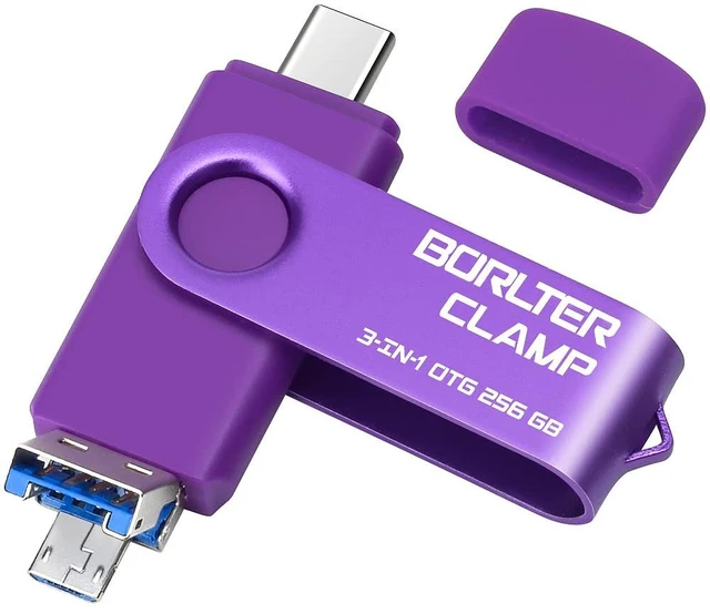 Main image of 256GB 3 in 1 USB 3.0 Flash Drive Photo Stick for Android Phones, BorlterClamp OTG Memory Stick with 3 USB Ports (USB C, microUSB, USB A) for Samsung Galaxy, LG, Tablets, PC and More, Purple