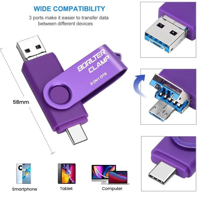 Alt view image 2 of 5 - 256GB 3 in 1 USB 3.0 Flash Drive Photo Stick for Android Phones, BorlterClamp OTG Memory Stick with 3 USB Ports (USB C, microUSB, USB A) for Samsung Galaxy, LG, Tablets, PC and More, Purple