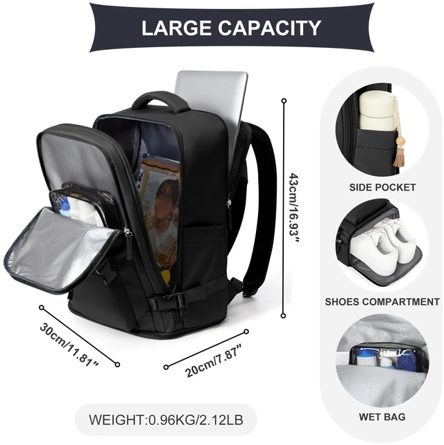 Alt view image 3 of 5 - coowoz Travel Backpack For Women Men Airline Approved,Black Carry On Backpack,Large Hiking Laptop College Backpacks Waterproof Outdoor Sports Rucksack Casual Daypack Fit 15.6 Inch Backpacks