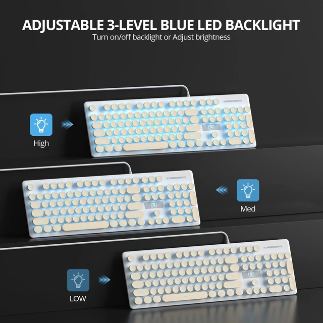 Alt view image 3 of 5 - Ussixchare Wired Retro Computer Keyboard, Quiet Typewriter Keyboard, Beige Cute Keyboards Light up with Round Keycaps, LED Backlit,104-key for PC, Laptop(Beige)