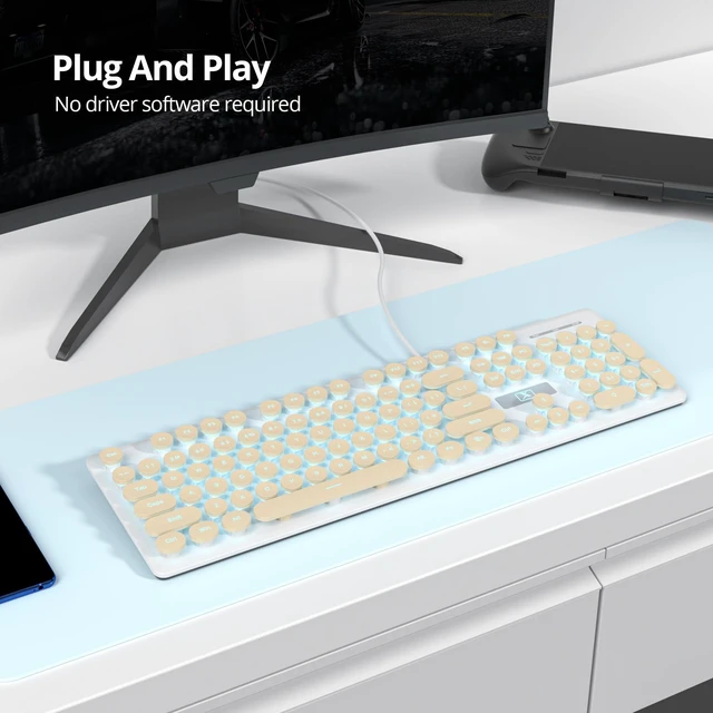 Alt view image 4 of 5 - Ussixchare Wired Retro Computer Keyboard, Quiet Typewriter Keyboard, Beige Cute Keyboards Light up with Round Keycaps, LED Backlit,104-key for PC, Laptop(Beige)