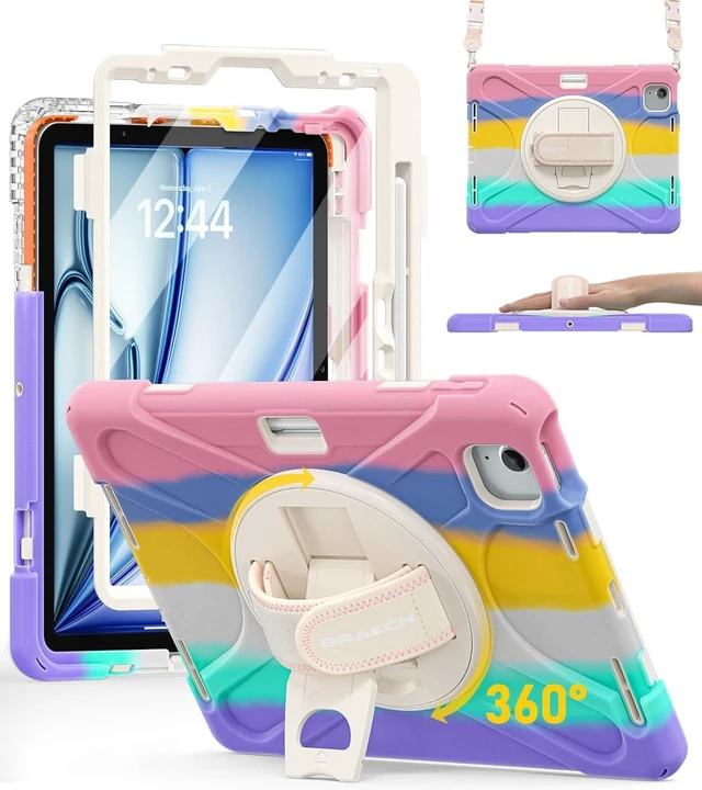 Main image of BRAECN for iPad Air 11 Inch M3/M2 (6th Gen) 2025/2024,iPad 5th/4th Gen 10.9 inch Case,Shockproof Silicone with Screen Propector/Pencil Holder, Kickstand, Hand Strap -Colorful Pink