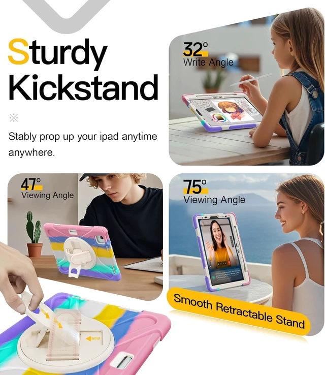 Alt view image 3 of 5 - BRAECN for iPad Air 11 Inch M3/M2 (6th Gen) 2025/2024,iPad 5th/4th Gen 10.9 inch Case,Shockproof Silicone with Screen Propector/Pencil Holder, Kickstand, Hand Strap -Colorful Pink