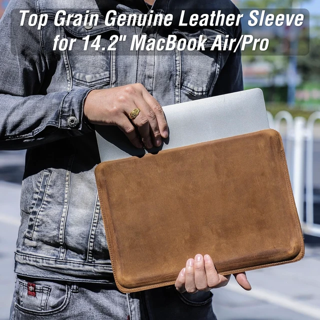 Alt view image 3 of 5 - CataPurus Top Grain Leather 14.2" Slim Laptop Sleeve Protector, Minimalist Vintage Design, Handmade, Compatible with MacBook Pro 14 inch 2021 2022 M1 Pro/M1 Max A2442 & Other PC, Brown 14.2 Inch