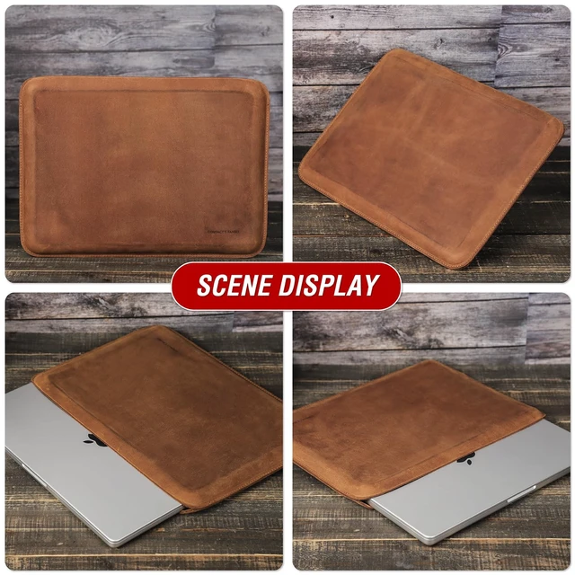 Alt view image 2 of 5 - CataPurus Top Grain Leather 14.2" Slim Laptop Sleeve Protector, Minimalist Vintage Design, Handmade, Compatible with MacBook Pro 14 inch 2021 2022 M1 Pro/M1 Max A2442 & Other PC, Brown 14.2 Inch