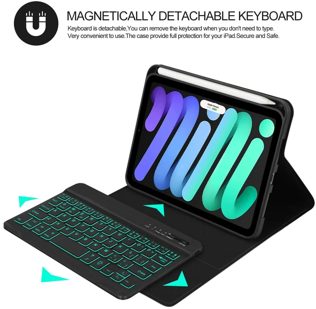 Alt view image 2 of 5 - BORIYUAN iPad mini 7th Gen 2024 (A17 Pro) & iPad mini 6 Keyboard Case 2021, Detachable Wireless Keyboard, 7 Color Backlit, Slim Folio Cover with Pencil Holder for iPad mini 7th/6th Gen 8.3 inch
