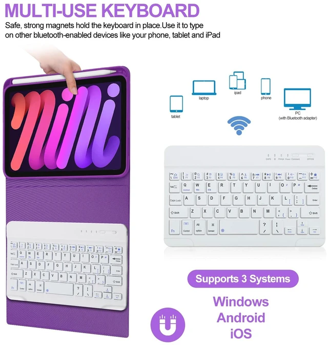 Alt view image 4 of 5 - BORIYUAN iPad mini 7th Keyboard Case 2024, Detachable Wireless Bluetooth Keyboard Slim Folio Smart Cover with Build-in Pencil Holder for iPad mini 6th Generation 8.3 inch 2021 Purple