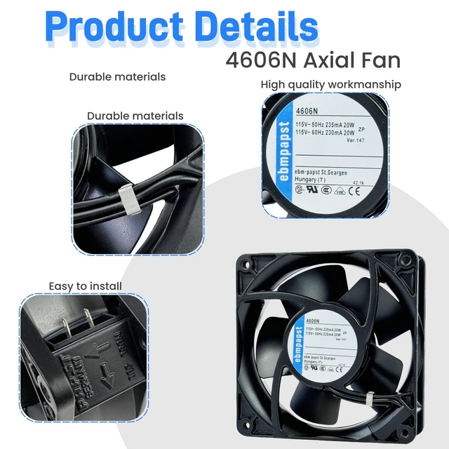 Alt view image 3 of 5 - for ebmpapst 4606N All Metal High Temperature Resistant Axial Cooling Fan 2-Pin 120x120x38mm 115V-AC 50-60Hz 0.235A 120mm.