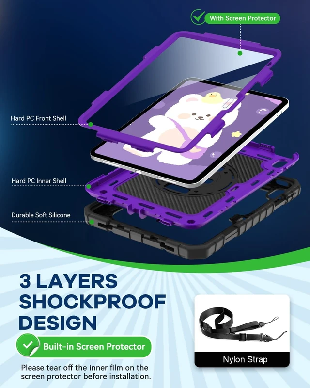 Alt view image 3 of 5 - Cantis Case for iPad 11-inch (A16) 2025/ iPad 10th Generation 2022 (10.9 inch) with Screen Protector, 11th Case with 360 Degree Rotating Stand/Shoulder Strap/Pencil Holder, Black+Dark Purple