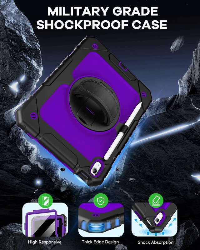 Alt view image 4 of 5 - Cantis Case for iPad 11-inch (A16) 2025/ iPad 10th Generation 2022 (10.9 inch) with Screen Protector, 11th Case with 360 Degree Rotating Stand/Shoulder Strap/Pencil Holder, Black+Dark Purple