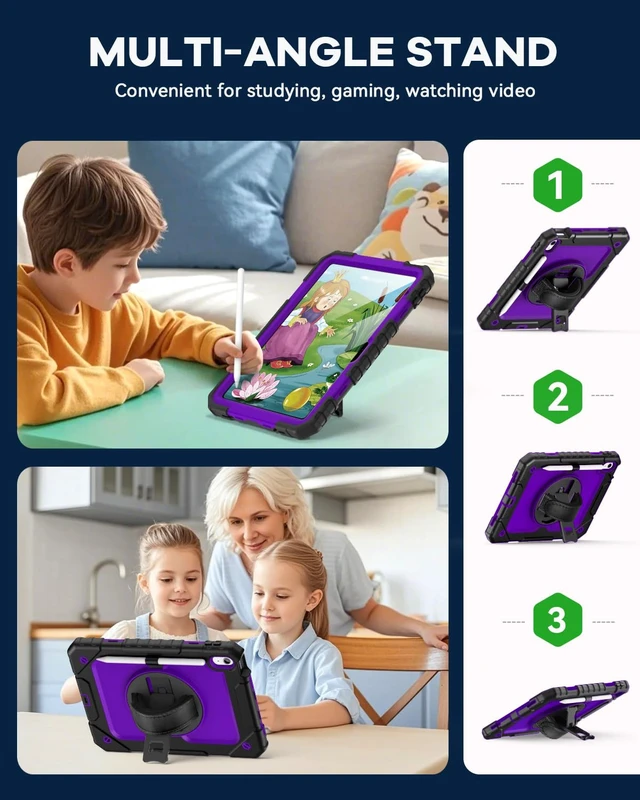 Alt view image 5 of 5 - Cantis Case for iPad 11-inch (A16) 2025/ iPad 10th Generation 2022 (10.9 inch) with Screen Protector, 11th Case with 360 Degree Rotating Stand/Shoulder Strap/Pencil Holder, Black+Dark Purple