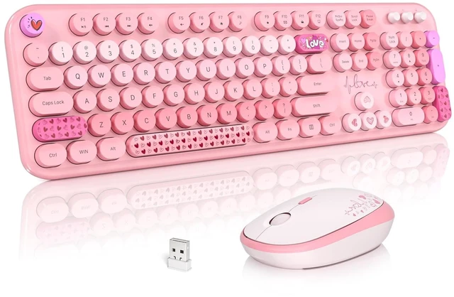 Main image of Atelus Wireless Keyboard and Mouse, Typewriter Full Size Keyboard with Number Pad and 2 in 1 USB Connected Mouse for Windows 7/8/10, Laptop, Desktop, PC, Computer (Pink Colorful)
