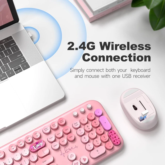 Alt view image 2 of 5 - Atelus Wireless Keyboard and Mouse, Typewriter Full Size Keyboard with Number Pad and 2 in 1 USB Connected Mouse for Windows 7/8/10, Laptop, Desktop, PC, Computer (Pink Colorful)