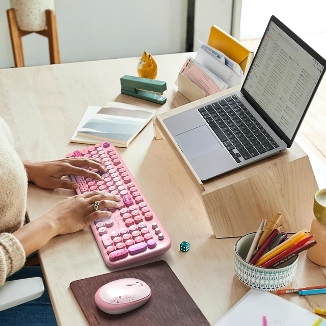 Alt view image 3 of 5 - Atelus Wireless Keyboard and Mouse, Typewriter Full Size Keyboard with Number Pad and 2 in 1 USB Connected Mouse for Windows 7/8/10, Laptop, Desktop, PC, Computer (Pink Colorful)