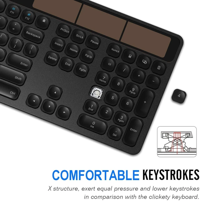 Alt view image 5 of 5 - Arteck Wireless Solar Keyboard Full Size Solar Recharging Keyboard for Computer/Desktop/PC/Laptop/Surface/Smart TV and Windows 10/8 / 7 / Vista/XP Built in Rechargeable Battery