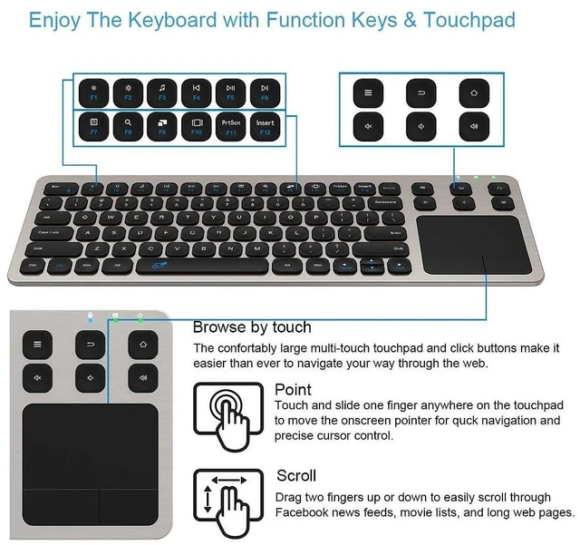 Alt view image 2 of 5 - Arteck 2.4G Wireless Touch TV Keyboard with Easy Media Control and Built-in Touchpad Mouse Solid Stainless Ultra Compact Full Size Keyboard -Connected Computer, Smart TV, HTPC