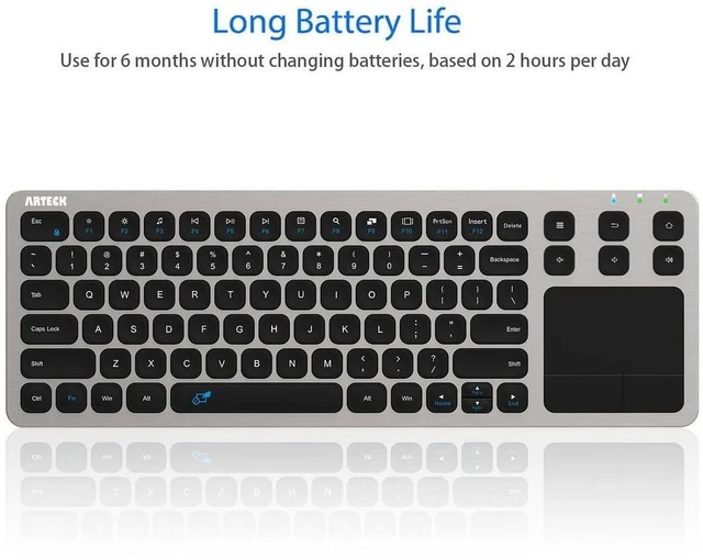 Alt view image 5 of 5 - Arteck 2.4G Wireless Touch TV Keyboard with Easy Media Control and Built-in Touchpad Mouse Solid Stainless Ultra Compact Full Size Keyboard -Connected Computer, Smart TV, HTPC