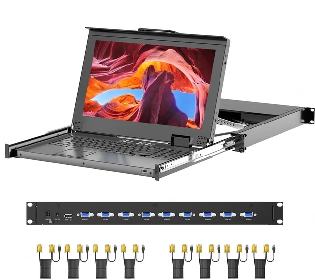 Main image of Arvitek 15.6" LCD KVM Switch 8 Port VGA, Rack Mount KVM Console, Support Hot-key/OSD/Button Switch, Fits 1U 19" Server Rack w/1931.5" (480-800mm) Depth, Included 8 VGA KVM Cables