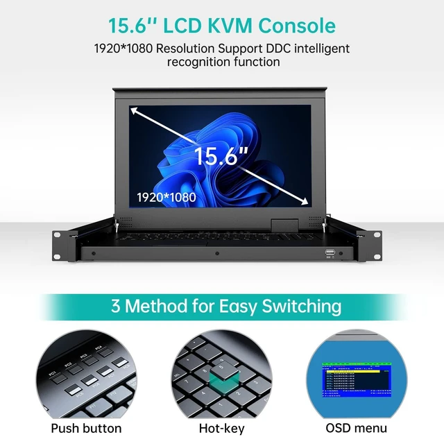 Alt view image 4 of 5 - Arvitek 15.6" LCD KVM Switch 8 Port VGA, Rack Mount KVM Console, Support Hot-key/OSD/Button Switch, Fits 1U 19" Server Rack w/1931.5" (480-800mm) Depth, Included 8 VGA KVM Cables