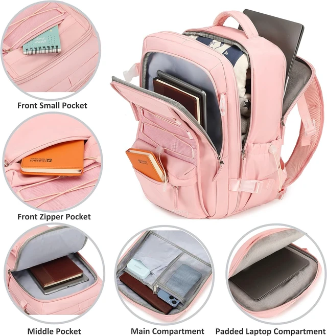Alt view image 4 of 5 - Travel Backpack for Women Men 17 Inch Laptop Backpacks with USB Port Carry on Bag Airline Approved Large College School Bookbags Waterproof Work Business Sport Rucksack Casual Daypack (Pink)