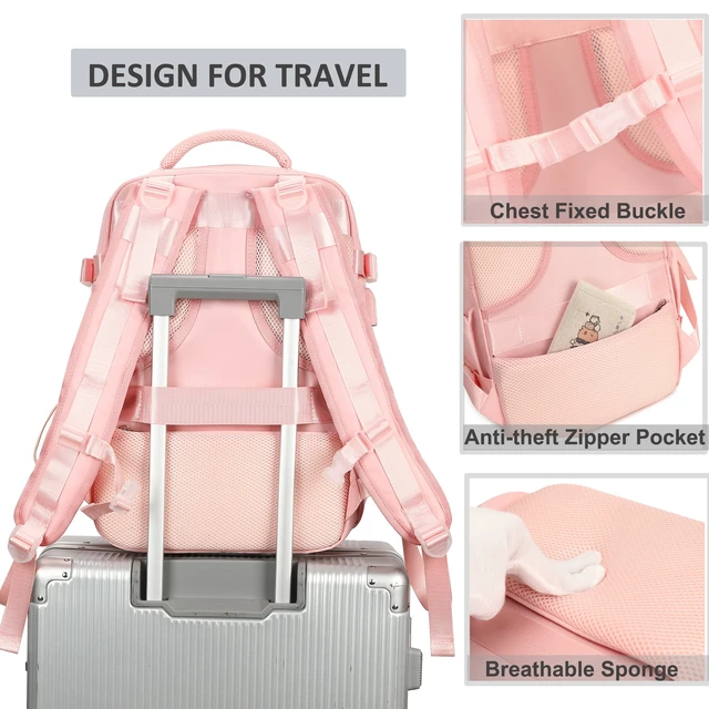 Alt view image 5 of 5 - Travel Backpack for Women Men 17 Inch Laptop Backpacks with USB Port Carry on Bag Airline Approved Large College School Bookbags Waterproof Work Business Sport Rucksack Casual Daypack (Pink)