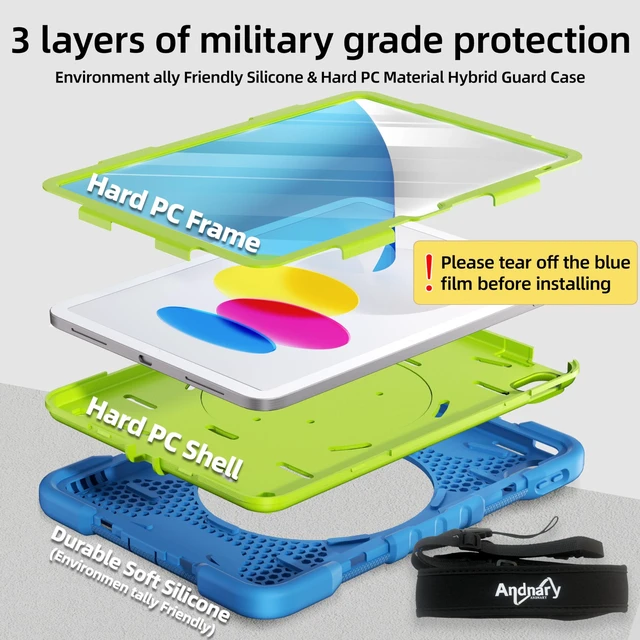 Alt view image 3 of 5 - Andnary Case for iPad (A16) 11th Generation 11 inch 2025/10th Generation 10.9 inch 2022, Shockproof Cover with Screen Protector/360 Rotate Handle/Bracket/Pen Holder/Shoulder Strap (Blue+Green)