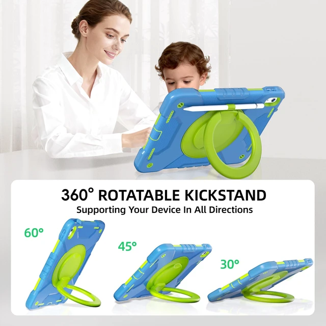 Alt view image 4 of 5 - Andnary Case for iPad (A16) 11th Generation 11 inch 2025/10th Generation 10.9 inch 2022, Shockproof Cover with Screen Protector/360 Rotate Handle/Bracket/Pen Holder/Shoulder Strap (Blue+Green)