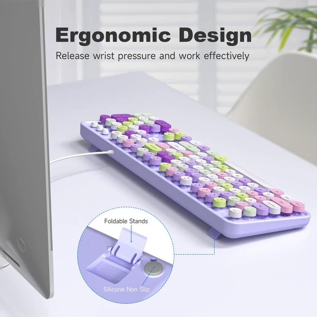 Alt view image 4 of 5 - Atelus Computer Wired Keyboard, Plug Play USB Full-Size Keyboard with Large Number Pad, Caps Indicators, Foldable Stands, for Windows 7/8/10 PC Laptop (Purple Colorful)