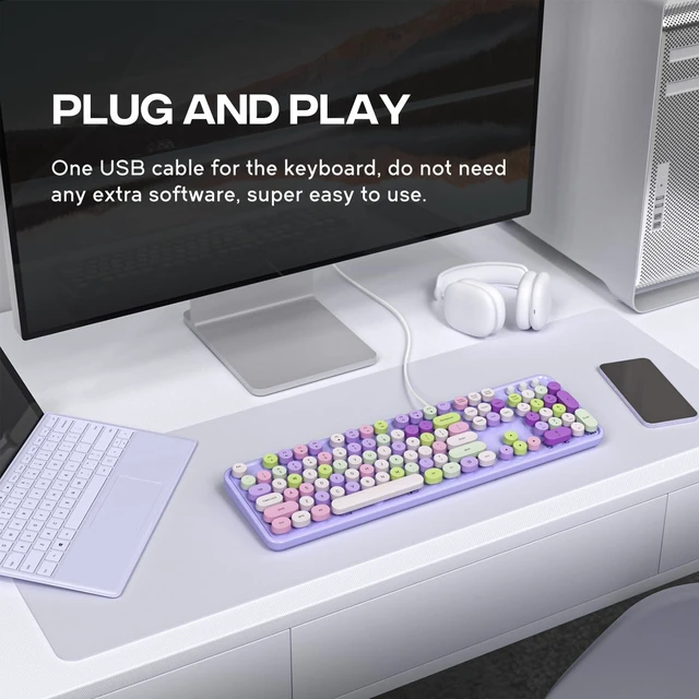 Alt view image 5 of 5 - Atelus Computer Wired Keyboard, Plug Play USB Full-Size Keyboard with Large Number Pad, Caps Indicators, Foldable Stands, for Windows 7/8/10 PC Laptop (Purple Colorful)