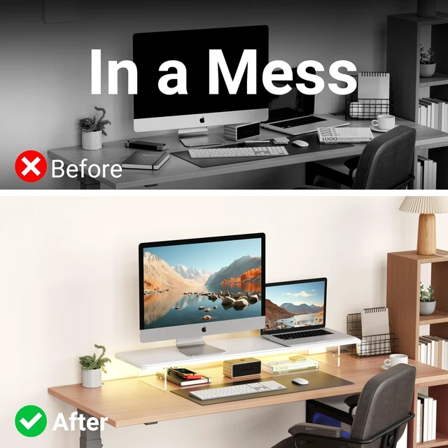 Alt view image 5 of 5 - AFOOYO Monitor Stand Riser,31.5-Inch LED Light Wood Computer Monitor Stand with Adjustable Acrylic Legs,Desk Accessories Desktop Organizer Stand for, Computer,Laptop,Printer,PC TV Screen Riser,White