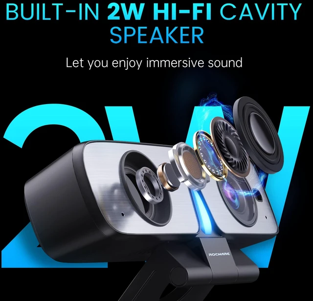 Alt view image 4 of 5 - ROCWARE RC08 2K Webcam with Speaker, Webcam for PC, HD Web Cam with Noise Reduction Mic/Harman Speaker/4X Eptz/Privacy Cover/0.2S Auto-Focus/Low Illumination, Computer Camera for Zoom/Teams/Meeting