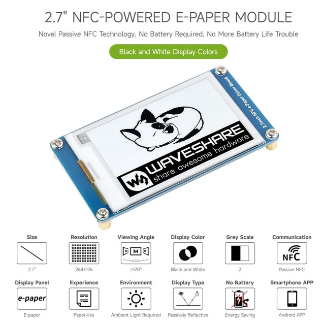 Alt view image 3 of 5 - waveshare 2.7inch Passive-Powered E-Paper Module, Novel Passive NFC Technology, No Battery Required, No More Battery Life Trouble, Black and White Display Colors