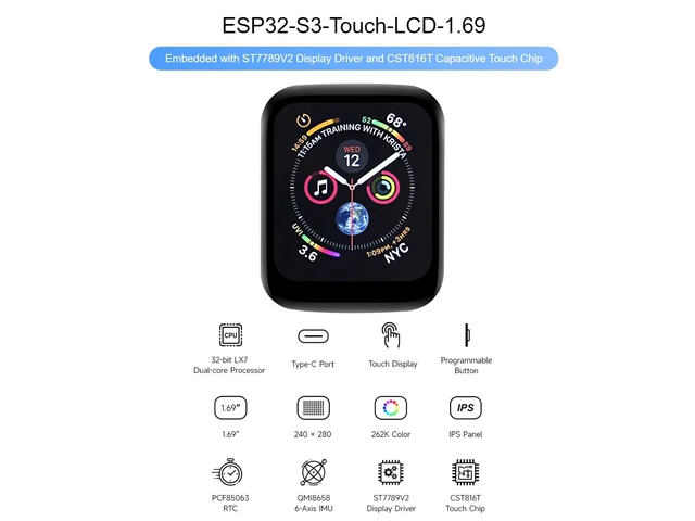 Alt view image 2 of 5 - Waveshare ESP32-S3 Development Board with Onboard 1.69inch Touch LCD Display, 240280 Pixels, 262K Color Micro LCD Display, ESP32-S3, Accelerometer and Gyroscope Sensor