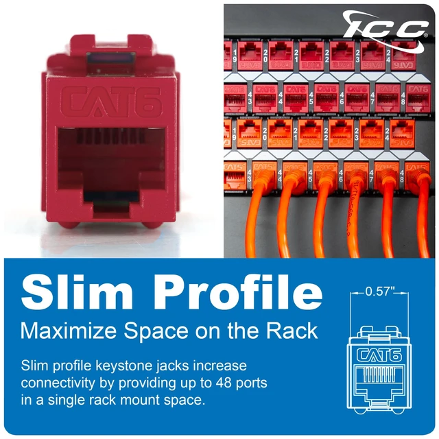 Alt view image 3 of 5 - ICC CAT6 RJ45 Keystone Jack, Slim Body 180 Punch Down, White, 10-Pack