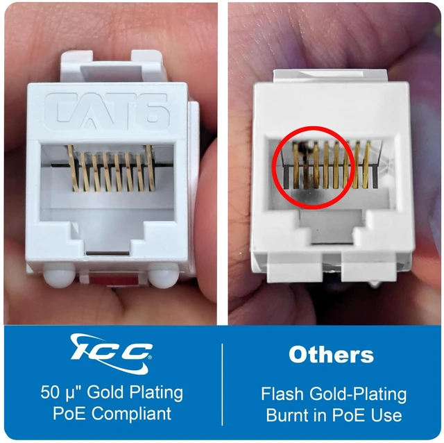 Alt view image 2 of 5 - ICC CAT6 Keystone Jack with Slim Profile 180 Degree Punch Down, RJ45 UL Listed PoE++ TAA Compliant for Wall Plate or Patch Panel, Includes JackEasy Termination Tool, White 400 Pack