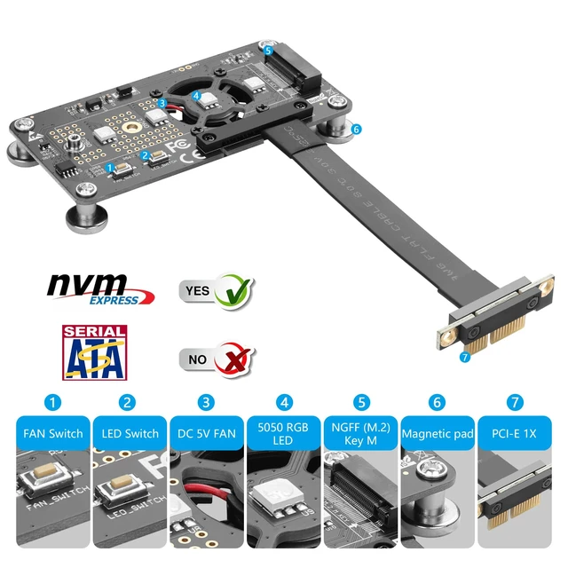 Alt view image 2 of 5 - CERRXIAN M.2 NVME M-Key SSD to PCI-E 1X Extension Cable with Cooling Fan and Automatic Discoloration LED,Supports 2230/2242 / 2260/2280 M.2 NGFF NVME SSD