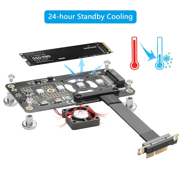 Alt view image 3 of 5 - CERRXIAN M.2 NVME M-Key SSD to PCI-E 1X Extension Cable with Cooling Fan and Automatic Discoloration LED,Supports 2230/2242 / 2260/2280 M.2 NGFF NVME SSD