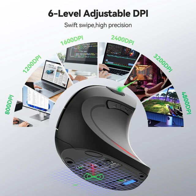 Alt view image 4 of 5 - TECKNET Ergonomic Mouse, Jiggler Bluetooth Wireless Vertical Mouse, 4800 DPI Silent Mouse with 6 Adjustable DPI Levels, 2.4GHz (USB A & C) Mouse, 6 Buttons Computer Mice - Wide Compatibility
