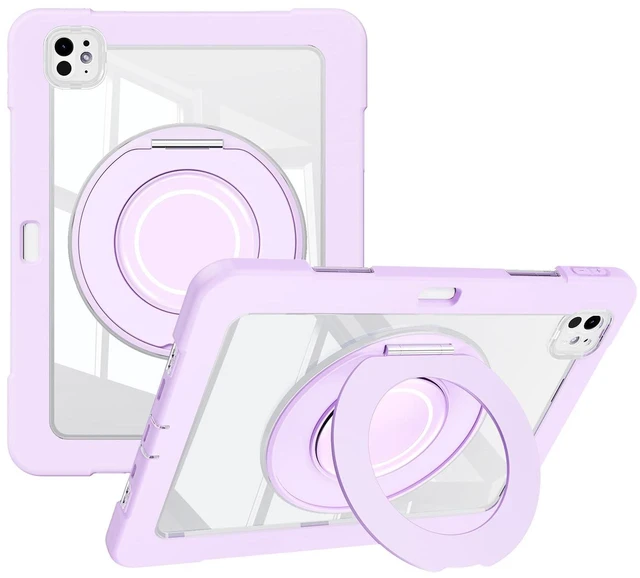 Main image of Dteck for iPad Pro 11 inch (M4/M5) 2024/2025 Release Shockproof Clear Case with Stylus Pencil Holder/Rotating Kickstand/Swivel Handle, Lightweight Protective Slim Transparent Tablet Cover, Purple