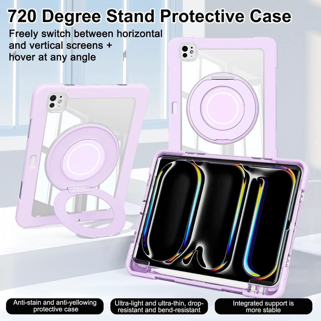 Alt view image 2 of 5 - Dteck for iPad Pro 11 inch (M4/M5) 2024/2025 Release Shockproof Clear Case with Stylus Pencil Holder/Rotating Kickstand/Swivel Handle, Lightweight Protective Slim Transparent Tablet Cover, Purple