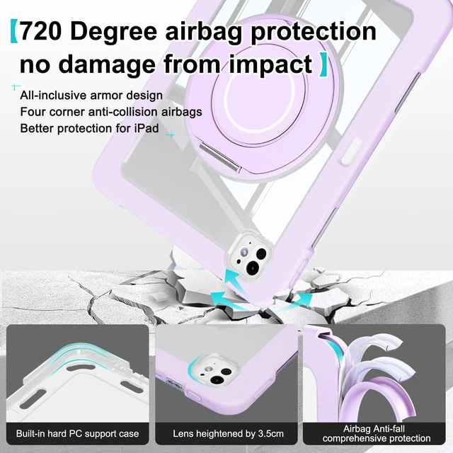 Alt view image 3 of 5 - Dteck for iPad Pro 11 inch (M4/M5) 2024/2025 Release Shockproof Clear Case with Stylus Pencil Holder/Rotating Kickstand/Swivel Handle, Lightweight Protective Slim Transparent Tablet Cover, Purple