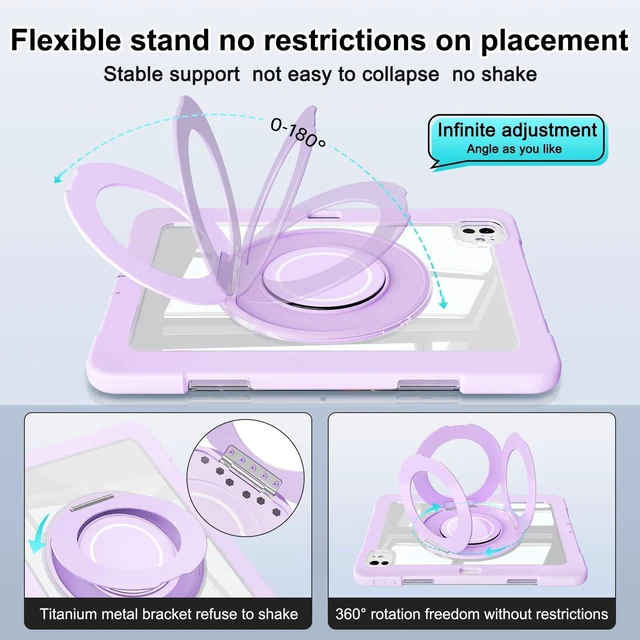 Alt view image 4 of 5 - Dteck for iPad Pro 11 inch (M4/M5) 2024/2025 Release Shockproof Clear Case with Stylus Pencil Holder/Rotating Kickstand/Swivel Handle, Lightweight Protective Slim Transparent Tablet Cover, Purple