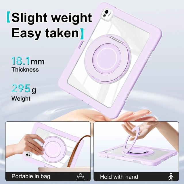 Alt view image 5 of 5 - Dteck for iPad Pro 11 inch (M4/M5) 2024/2025 Release Shockproof Clear Case with Stylus Pencil Holder/Rotating Kickstand/Swivel Handle, Lightweight Protective Slim Transparent Tablet Cover, Purple