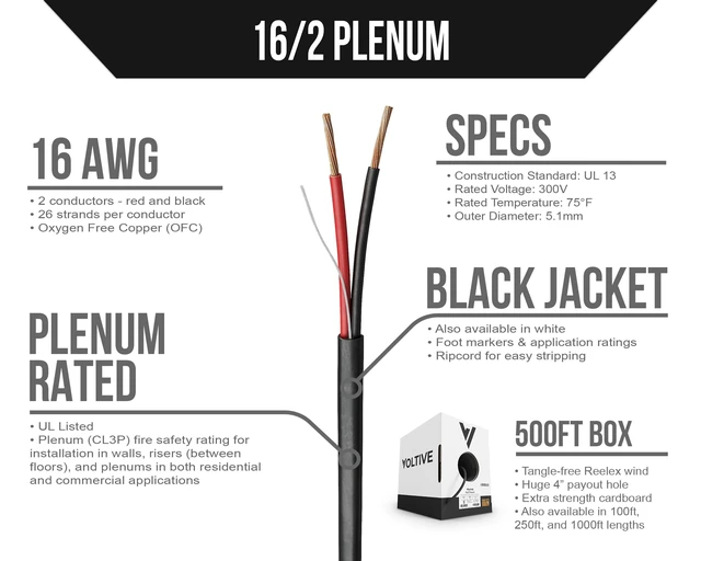 Alt view image 2 of 5 - Voltive 16/2 Speaker Wire, Plenum CL3P, Black, 500ft - 16AWG, 2 Conductors, Stranded Oxygen-Free Copper, UL Listed - V-1217-5