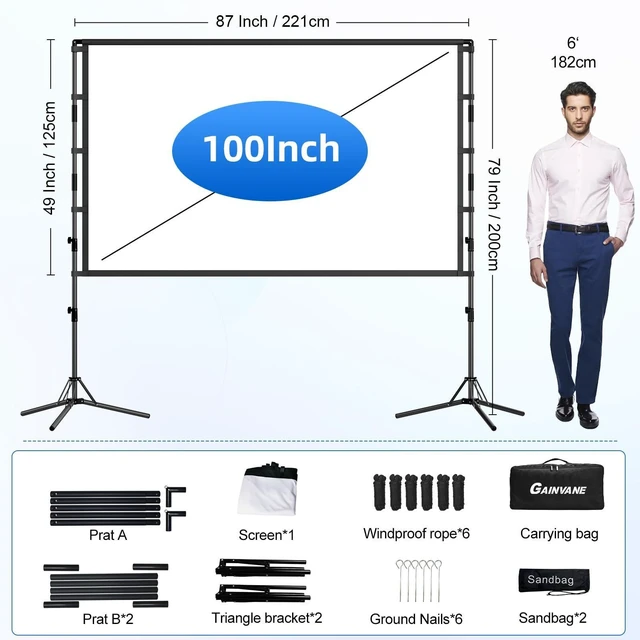 Alt view image 3 of 5 - 100-Inch Portable Projector Screen with Stand - Indoor Outdoor Movie Screen for Home Theater, Backyard & Classrooms ^^ 16:9 4K HD Lightweight Projection Screen ^^ Includes Carry Bag for Travel & Campi
