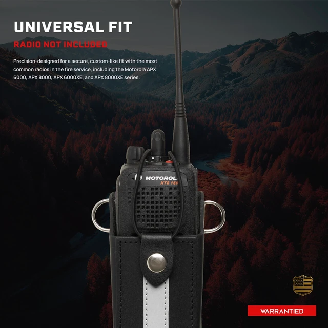 Alt view image 5 of 5 - Revolution Fire Gear Reflective Leather Radio Holster Set Heavy Duty Strap, Anti-Sway, Fits Motorola APX Series for Firefighters, EMT, Police