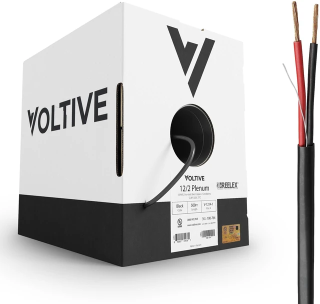 Main image of Voltive 12/2 Speaker Wire, Plenum CL3P, Black, 500ft - 12AWG, 2 Conductors, Stranded Oxygen-Free Copper, UL Listed - V-1214-1